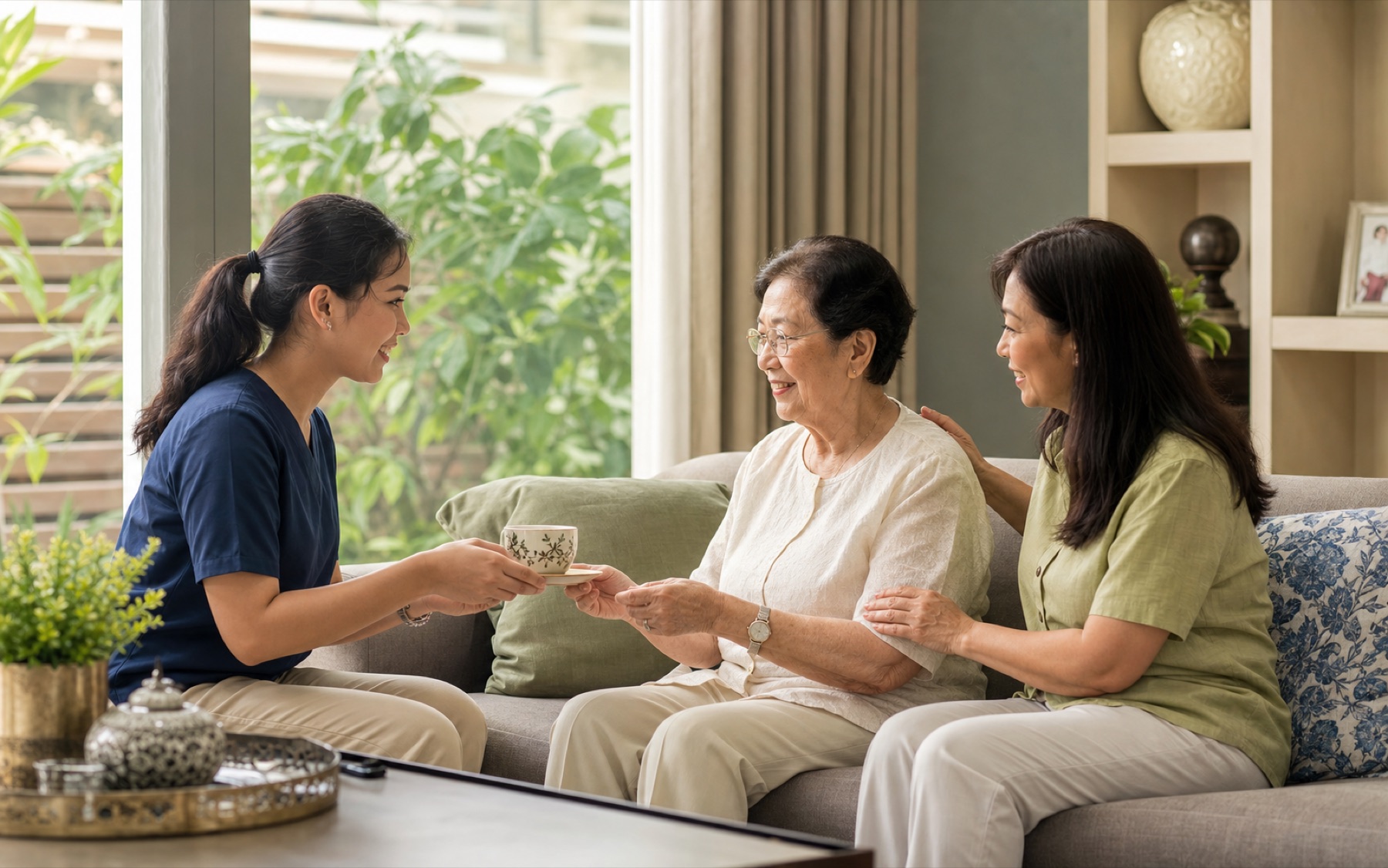 Malaysian family and care companion sharing tea with an elderly parent at home