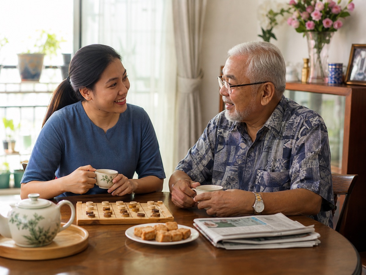 Care companion sharing tea and a game with an elderly Malaysian man
