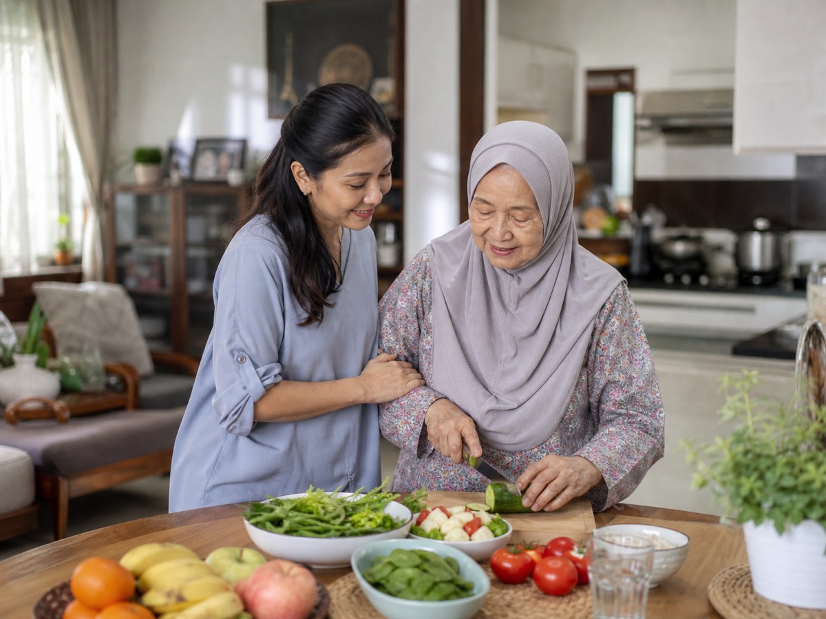 Care companion helping an elderly Malaysian woman prepare lunch at home