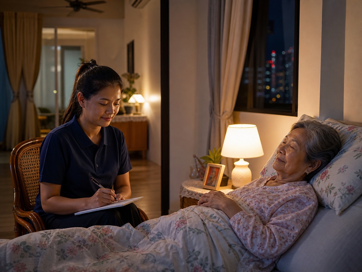 Care companion writing a note while an elderly Malaysian senior rests at night